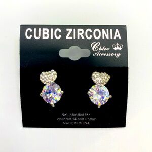Earrings cz hearts set in silver tone studs pierce